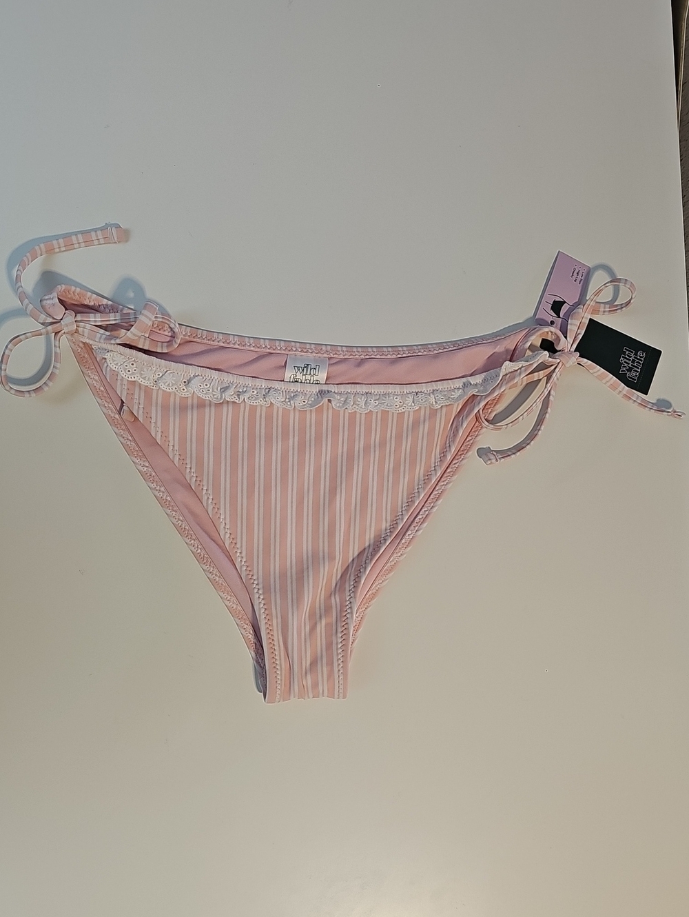 Wild Fable Women's XL Pink & White Striped Lace-Trim Tie-Side Bikini Bottom